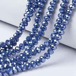 Chapelets de perles en verre électroplaqué, perle plaquée lustre, facette, rondelle, bleu acier, 2.5x2mm, Trou: 0.4mm, Environ 150~170 pcs/chapelet, 11 pouce (28 cm)