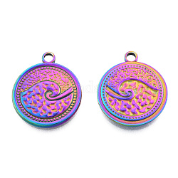 Ion Plating(IP) 201 Stainless Steel Pendants, Flat Round with Spindrift, Rainbow Color, 24x20.5x2mm, Hole: 2.5mm