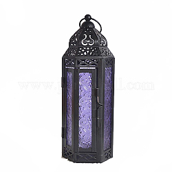 Linterna de vela de ramadán de hierro chapado en negro de electroforesis retro, Portavelas de lámpara colgante decorativa de vidrio portátil para decoración del hogar, púrpura medio, 95x80x250mm