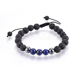 Natural Lava Rock and Non-Magnetic Synthetic Hematite Beads Braided Bead Bracelets, with Natural Lapis Lazuli(Dyed), 2-1/8 inch~3 inch(5.3~7.8cm)