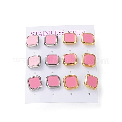 6 Paar zweifarbige quadratische Acryl-Ohrstecker, Gold- und Edelstahlfarbe 2 Edelstahlohrringe, Perle rosa, 304 mm, 12x12 Paar / Farbe