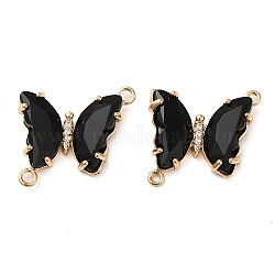 Brass Pave Faceted Glass Connector Charms, Golden Tone Butterfly Links, Black, 20x22x5mm, Hole: 1.2mm