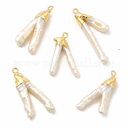 Pendenti di perle keshi naturali barocche, ciondoli a forma di V, con passanti in ottone, oro chiaro, 26~37x13~19x4~7mm, Foro: 1.6 mm