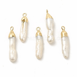 Barocke natürliche Keshi-Perlenanhänger, Säulenzauber, mit Messing-Schleifen, Licht Gold, 24~29x5~7x4~7 mm, Bohrung: 1.5~2 mm