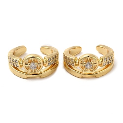 Rack Plating Brass Micro Pave Cubic Zirconia Flat Round Cuff Earrings, Non Piercing Earrings, Cadmium Free & Lead Free, Real 18K Gold Plated, 13.5x14x7mm