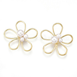 Perle di filo di ottone, con perla in plastica imitazione abs, fiore, bianco crema, vero placcato oro 18k, 25.5x27.5x7.5mm
