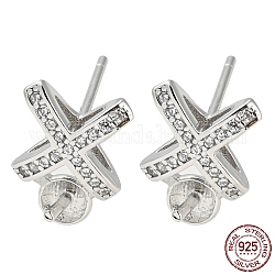 Rhodium Plated Cross 925 Sterling Silver Micro Pave Clear Cubic Zirconia Stud Earring Findings, Earring Settings for Half Drilled Beads, with S925 Stamp, Real Platinum Plated, 11x7.5mm, Pin: 10.5x0.7mm and 0.8mm