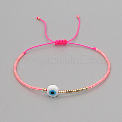 Bracelet réglable en perles tressées avec mot de passe mauvais œil, rose chaud, 11 pouce (28 cm)