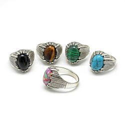 Natural & Synthetic Mixed Stone Wide Band Rings, with Alloy Ring Findings, Oval, Antique Silver, Size 7~11, 17~21mm