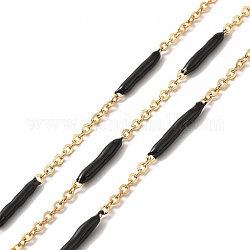 Enamel Column Link Chains, with Ion Plating(IP) Golden 304 Stainless Steel Cable Chains, Unwelded, with Spool, Black, 14~17x2~3mm and 1.5x2x0.5mm, about 32.81 Feet(10m)/Roll