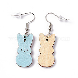 Boucles d'oreilles lapin en bois, boucle d'oreille en fer platine avec écrou d'oreille pour femme, bleu clair, 52mm, pin: 0.7 mm, pendentif: 31x14.5x2.7 mm