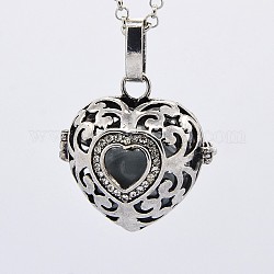 Antique Silver Brass Rhinestone Cage Pendants, Chime Ball Pendants, Heart, with Brass Spray Painted Bell Beads, Light Steel Blue, 27x27x21mm, Hole: 3x5mm, Bell: 16mm