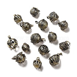 Pendentifs de cage de perles creuses rondes en laiton, breloque cage perle ronde, pour faire des colliers à pendentif carillon, bronze antique brossé, 23~36x22~25x18~23.5mm, Trou: 6~7x4~5mm