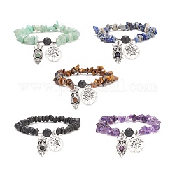 Bracelet extensible en perles de pierres précieuses naturelles, bracelet à breloques hibou et arbre de vie en alliage pour femme, diamètre intérieur: 2-1/8 pouce (5.3 cm)