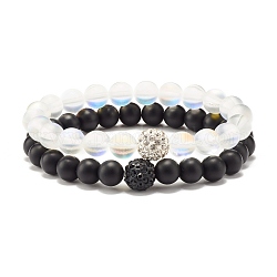 Synthetic Moonstone & Black Stone Round Beads Stretch Bracelets Set, Stone Jewelry with Round Rhinestone for Women, Inner Diameter: 2-1/8 inch(5.3cm), 2pcs/set