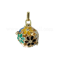 Brass Enamel Cage Pendants, For Chime Ball Pendant Necklaces Making, with Rhinestone, Hollow Round with Flower, Golden, Yellow, 27x27x23mm