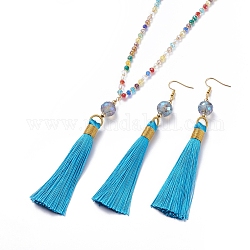 Polyester Tassel Pendant Jewelry Sets, Pendant Necklaces and Dangle Earrings, with Glass Beads and Golden Tone Brass Earring Hooks, Blue, 31.5 inch(80cm), 120mm, Pin: 0.6mm