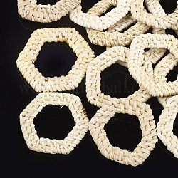 Handmade Reed Cane/Rattan Woven Linking Rings, For Making Straw Earrings and Necklaces,  Hexagon, Lemon Chiffon, 40~49x37~44x4~5mm, Inner Diameter: 17~26x18~28mm