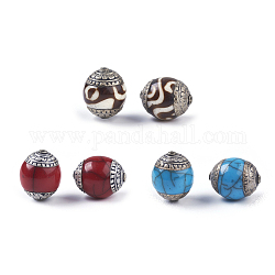 Tibetische Stil Perlen, mit Messing, synthetische Türkis, Oval, Antik Silber Farbe, Mischfarbe, 18~20x15~16 mm, Bohrung: 1.4 mm