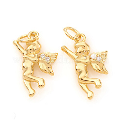 Brass Micro Pave Cubic Zirconia Charms, with Jump Rings, Angel, Clear, Real 18K Gold Plated, 14x9x2.5mm, Jump Ring: 4x0.6mm, Hole: 2.5mm