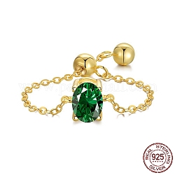 925 кольцо-цепочка из стерлингового серебра, кольцо с камнем, с фианитами овальный для женщин, регулируемое скользящее кольцо, реальный 18k позолоченный, зелёные, 1.2 мм, размер США 7 (17.3 мм)