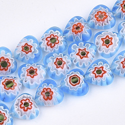 Chapelets de perles vernissées de millefiori manuelles, cœur, bleuet, 10x10x4mm, Trou: 0.8mm, Environ 42 pcs/chapelet, 15.1 pouce
