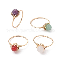 Bague de doigt en perles rondes avec pierres précieuses naturelles mélangées, anneau enveloppé de fil de cuivre d’or clair, diamètre intérieur: 18~19 mm