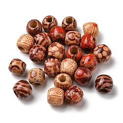 100 pièce de perles teintes en bois imprimées, Perles avec un grand trou   , baril, couleur mixte, 12~12.5x11mm, Trou: 5~5.5mm, 100 pcs /sachet 