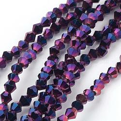 1 hebra facetado bicone completos electrochapa púrpura cuentas de vidrio de filamentos, 3x3mm, agujero: 1 mm, aproximamente 128~135 pcs / cadena, 12.2 pulgada