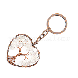 Natürliche Quarzkristall-Anhänger-Schlüsselanhänger, mit Messingzubehör und Schlüsselringen aus Legierung, Herz mit Baum des Lebens, 10.7 cm