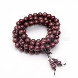 Bijoux de style bouddhiste enroulés 5-boucle, bracelets de perles de mala de bois de santal / colliers, ronde, vieille rose, 33-7/8 pouce (86 cm)