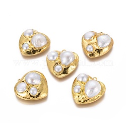 Pendentifs de perles d'eau douce de culture naturelle, avec les accessoires en laiton, cœur, or, 28x26x9~11mm, Trou: 1.8mm