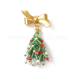 Spilla con albero di perline di vetro a tema natalizio, spilla da bavero con fiocco in ottone dorato per abiti da zaino, colorato, 49mm