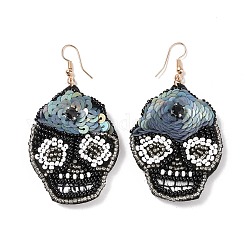 Grandes boucles d'oreilles pendantes tressées en graines de verre tête de mort halloween, 316 bijoux enveloppés en acier inoxydable pour femmes, noir, 70mm, pin: 0.6 mm