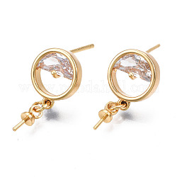 Brass Micro Pave Cubic Zirconia Stud Earring Findings, with 925 Sterling Silver Pins and Cup Peg Bails, for Half Drilled Bead, Cadmium Free & Nickel Free & Lead Free, Flat Round, Real 18K Gold Plated, 20x9.5mm, Pin: 0.7mm, Pin: 0.7mm(for half drilled beads)
