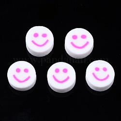 Abalorios de arcilla polimérica hechos a mano, Para suministros de manualidades de joyería diy, plano y redondo con la cara sonriente, color de rosa caliente, 10x4~4.5mm, agujero: 1.8 mm