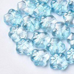 Transparent Spray Painted Glass Beads, with Glitter Powder, Dog Paw Prints, Light Sky Blue, 11x12x4.5mm, Hole: 1mm