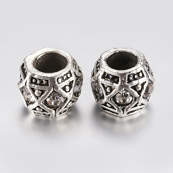 Perle europee di strass in lega di stile tibetano, perline con foro grande, barile, argento antico, chiaro, 10x8mm, Foro: 5 mm