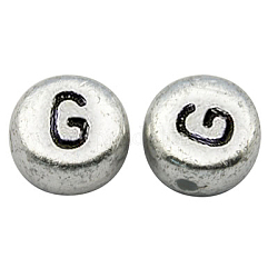 Perline con lettere a foro orizzontale in acrilico placcato color argento, rotondo e piatto, letter.g, 7x3.5mm, Foro: 1 mm, circa 3600pcs/500g
