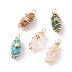 Natural & Synthetic Gemstone Double Terminal Pointed Pendants, with Real 18K Gold Plated Tone Copper Wire Wrapped and Brass Beads, Bullet Charm, Mixed Dyed and Undyed, 25~27x10~11x12mm, Hole: 2.5~3mm