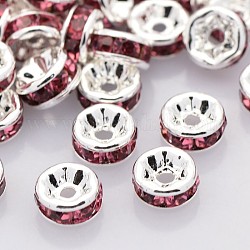 Perline distanziatori strass in ottone, grado a, flangia diritta, colore argento placcato, rondelle, roso, 6x3mm, Foro: 1 mm