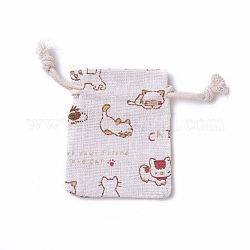 Bolsas de embalaje de gatito de arpillera, bolsas de cordón, rectángulo con patrón de gato de dibujos animados, colorido, 8.7~9x7~7.2 cm