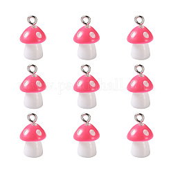 Plastic Pendants, with Platinum Plated Iron Loop, Mushroom with Polka Dots, Pink, 17.5x11.5x12mm, Hole: 1.5mm