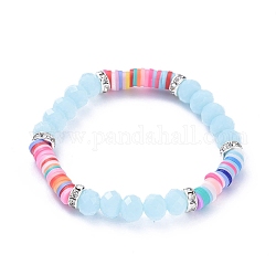 Bracelets élastiques, avec des perles heishi en pâte polymère, perles de verre à facettes imitation jade et perles de strass en laiton, lumière bleu ciel, diamètre intérieur: 2 pouce (5.1 cm)
