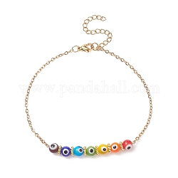 Bracelets de cheville multicolores faits à la main au chalumeau mauvais œil, avec chaînes de câble en 304 acier inoxydable, or, 8-5/8 pouce (22 cm)