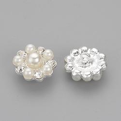 Alloy Rhinestone Shank Buttons, with ABS Plastic Imitation Pearl, Flower, 1-Hole, Silver Color Plated, 21x20x13.5mm, Hole: 3mm