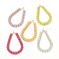 Cuisson de pendentifs ronds en perles de verre nacrées peintes, avec les accessoires en laiton, larme, couleur mixte, 51.5x32x4.5mm, Trou: 1mm