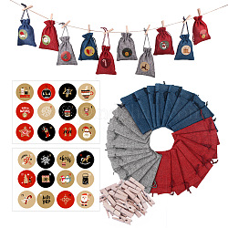 24 Days Burlap Hanging Advent Calendars, DIY Xmas Countdown Christmas Decorations, with Stickers & Clips & Rope & 3 Colors Burlap Pouches, Mixed Color, 30.7x20cm