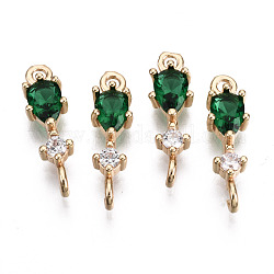Brass Micro Pave Cubic Zirconia Links Connectors, with Glass, Long-Lasting Plated, Light Gold, Teardrop, Sea Green, 17x5x3.5mm, Hole: 1.5mm