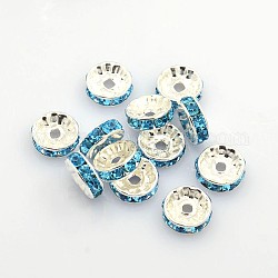 Séparateurs perles en laiton avec strass, couleur argentée, sans nickel, aigue-marine, 10x4mm, Trou: 2mm